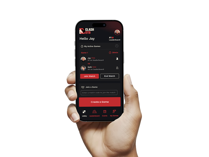 Clash OTB mobile app showing active games and matchmaking